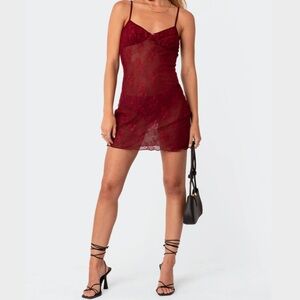 SHEER LACE MINI DRESS - BURGUNDY - NEW WITH TAGS